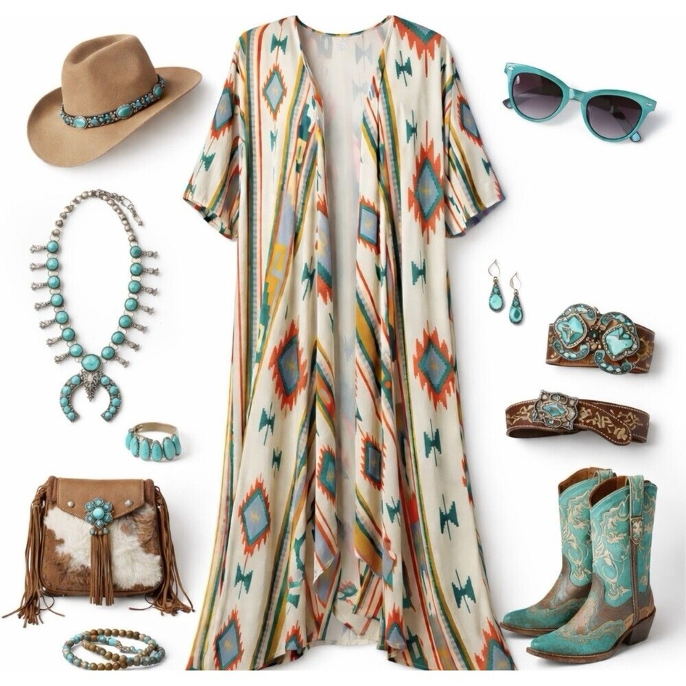 Turquoise Haven S/M Kimono Cardigan Boho Southwestern Chic Cowgirl Print Duster